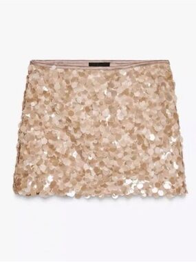 NWT ZARA Sequined Mini Skirt Beige 3920/221